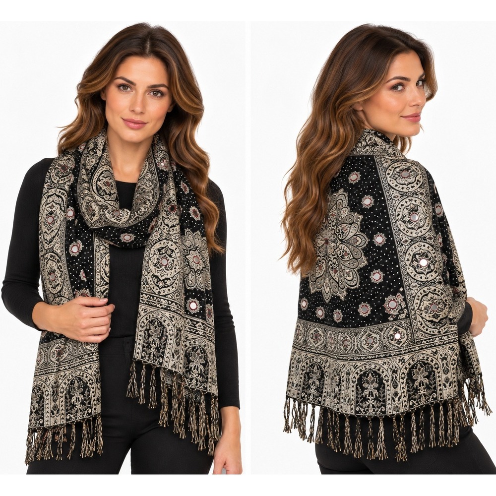 Black Gold Paisley Mirror Work Scarf Shawl Wrap Metallic Fringe Pashmina 82x27